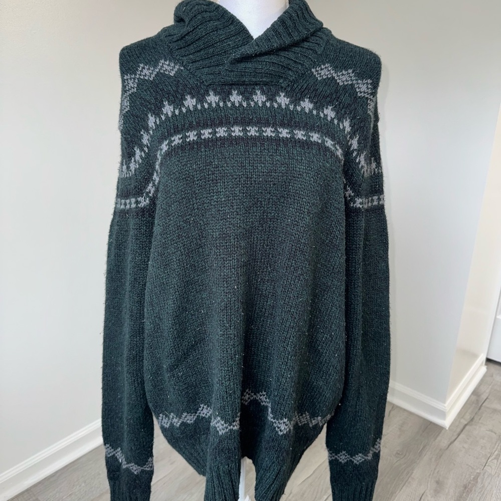American Eagle Shawl Collar Sweater Fair Isle Knit Chunky Green XL‎ Athletic Fit